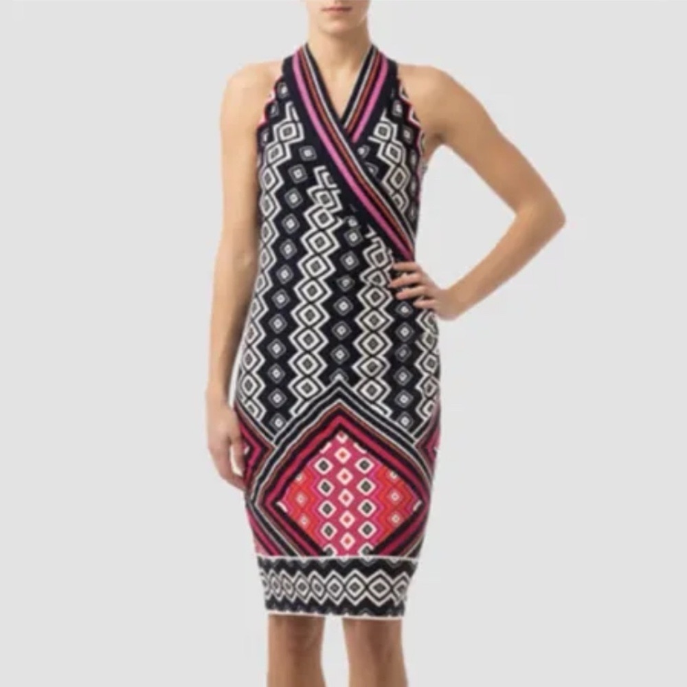 Joseph Ribkoff Women's Dress Geometric Striped Stretch Faux Wrap Sleeveless 8